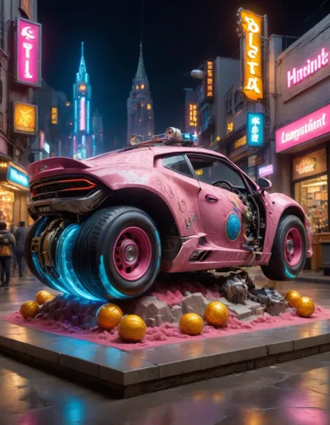 a close up of a pink car on a pedestal in a city