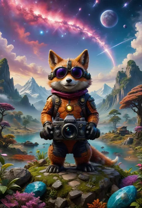 a red panda in a space suit standing on a rock with a camera