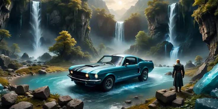 a close up of a car in a river near a waterfall