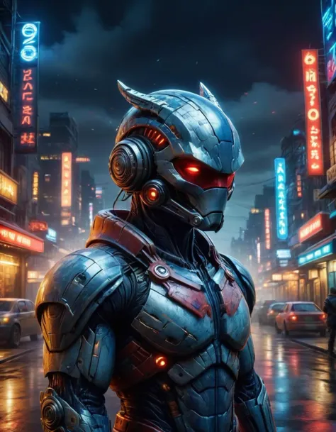 a man in a futuristic suit standing in the middle of a city