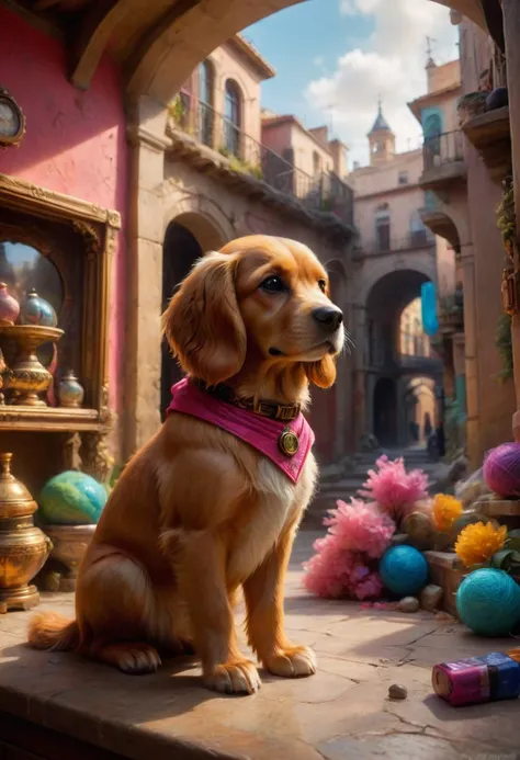 arafed dog sitting on a ledge in a courtyard with a pink collar