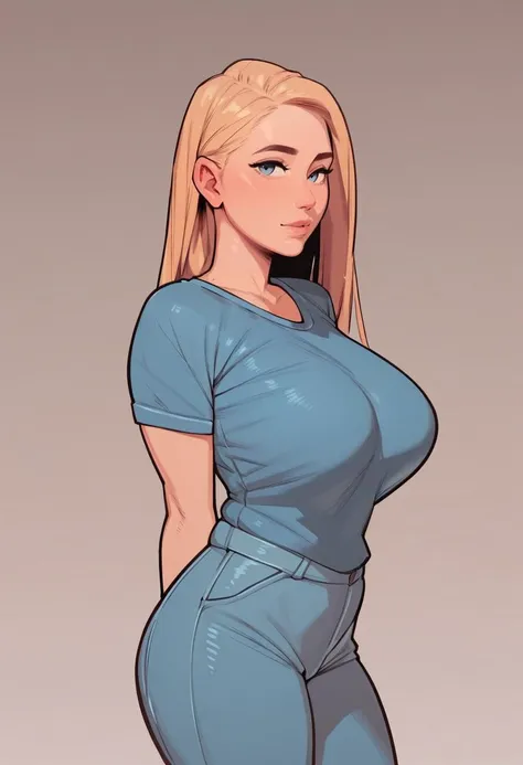 a cartoon drawing of a blonde woman in a blue top and jeans