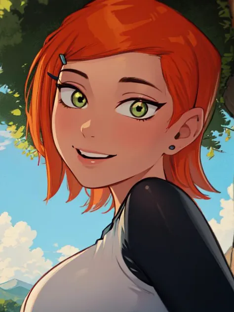 a cartoon girl with red hair and green eyes standing in front of a tree