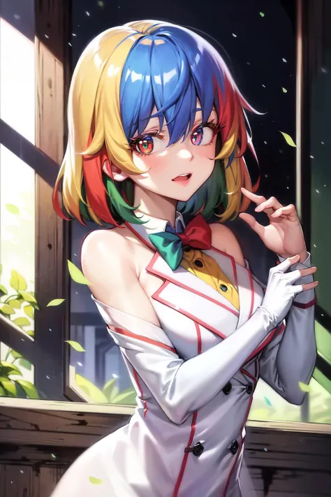 anime girl with colorful hair and a bow tie posing for a picture