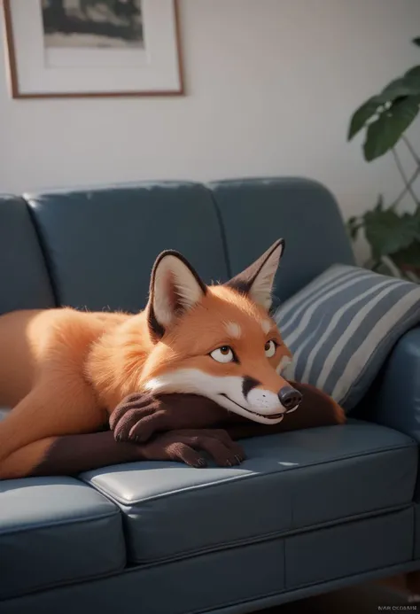 arafed fox laying on a couch with a stuffed animal