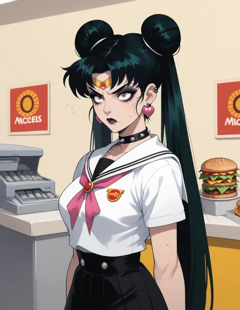 sailor girl in uniform standing in front of a counter with a hamburger