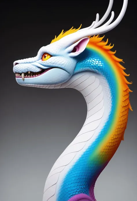 a close up of a statue of a dragon with a rainbow colored head