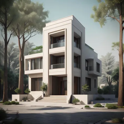 a rendering of a modern house with a staircase leading to the front door