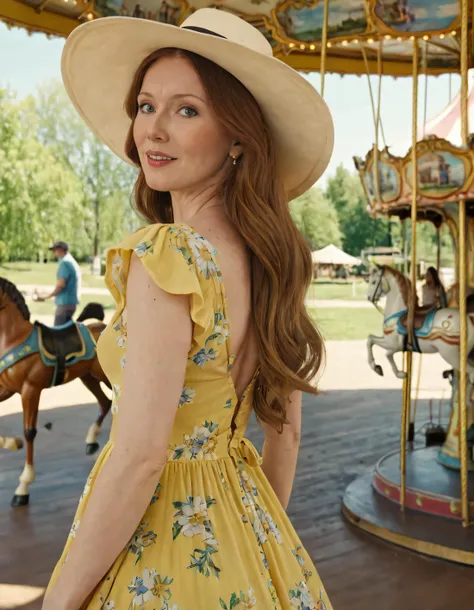 a woman in a yellow dress and hat standing in front of a carousel