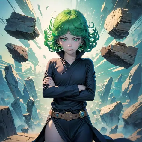 masterpiece, best quality, ultra-detailed, illustration, epic lighting, cinematic composition, isometric, 1girl, tatsumaki, petite, flat chest, black dress, pelvic curtain, long sleeves, green eyes, glowing eyes, crossed arms, (annoyed, pout, pouting:1.1),...