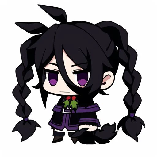 padorumeme 1boy, black hair, dark hair, ((black eyes)), twin braids, short hair, long braids, dark purple hair, messy hair