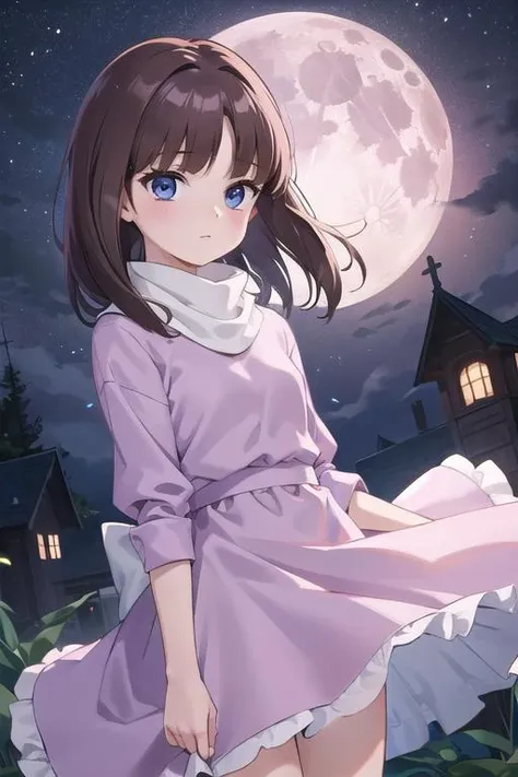 a girl in a purple dress standing in front of a full moon