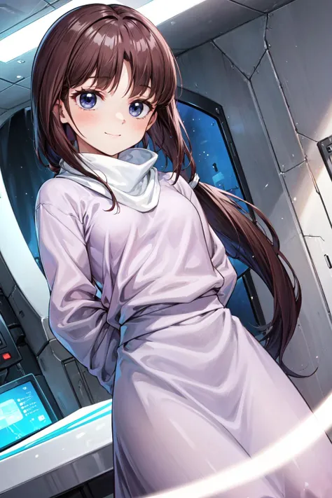 masterpiece,best quality,1girl,tifax,brown hair,long hair,low ponytail,blue eyes,pink dress,turtleneck,light smile,arms behind back,battleship interior,science fiction,dutch angle,<lora:tifa-gundamx-v2-wasabiya_1:1>,<lora:Concept-control tool-add_detail-Cy...