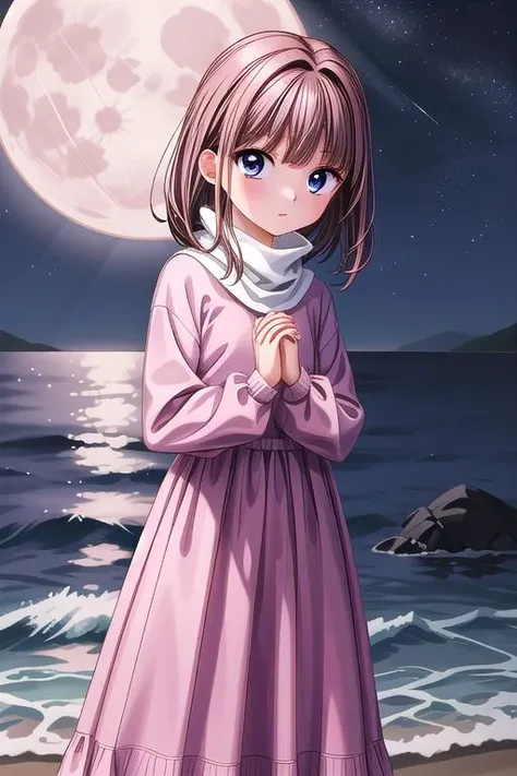 masterpiece,best quality, 1girl,petite, tifax,night,outdoor,ocean,fullmoon,brown hair,blue eyes,pink knit longdress,turtleneck,j...