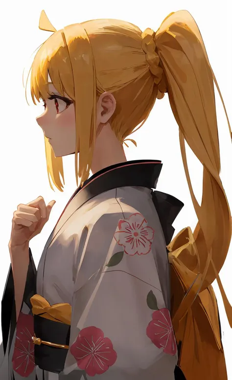 anime girl with ponytail in kimono outfit with flowered hair