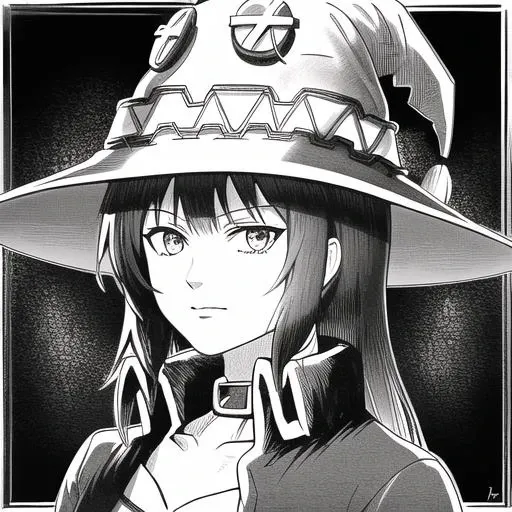 monochrome portrait of megumin,witch hat,art by llbreton, <lora:LLBreton15V2:1>