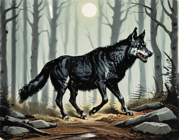 a barghest in the woods, art by llbreton, <lora:LLbreton_V3:1>