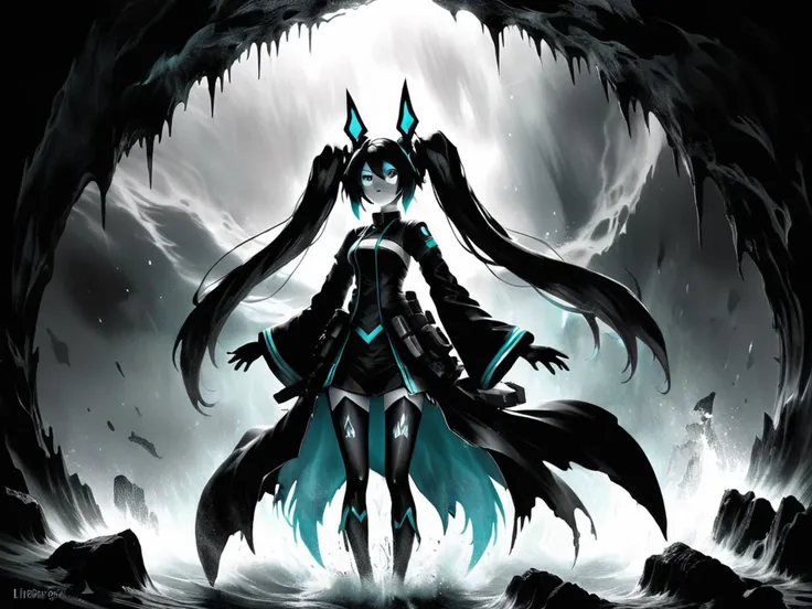 the demon hatsune miku emerging from the abyss,monochrome,grayscale,art by llbreton, <lora:LLBretonXL2:1>