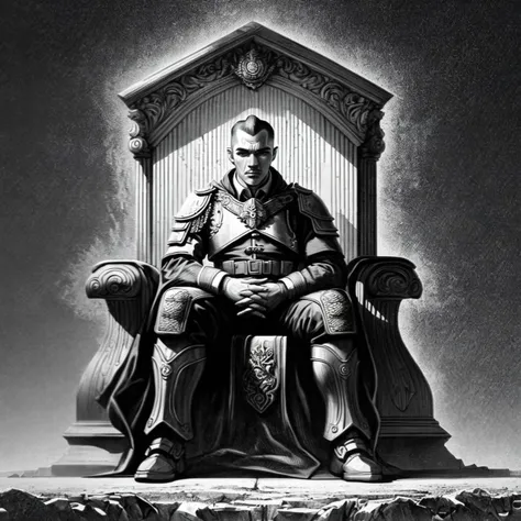 soldier of god rick sitting upon the elden throne,grayscale,monochrome,art by llbreton, <lora:LLBreton15V2:1>