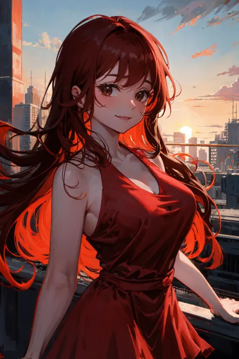 a woman in a red dress standing on a ledge with a city in the background