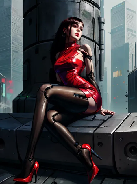 (sfw:1.3), futuristic, solo, 1girl, reelmech Girlfriend with mechanical arms, android-seams, wearing red dress with black pantyhose, red high heels, lewd face, sittinh in the park, outdoor, high-tech park in cyberpunk style city, day time, <lora:robot-seam...