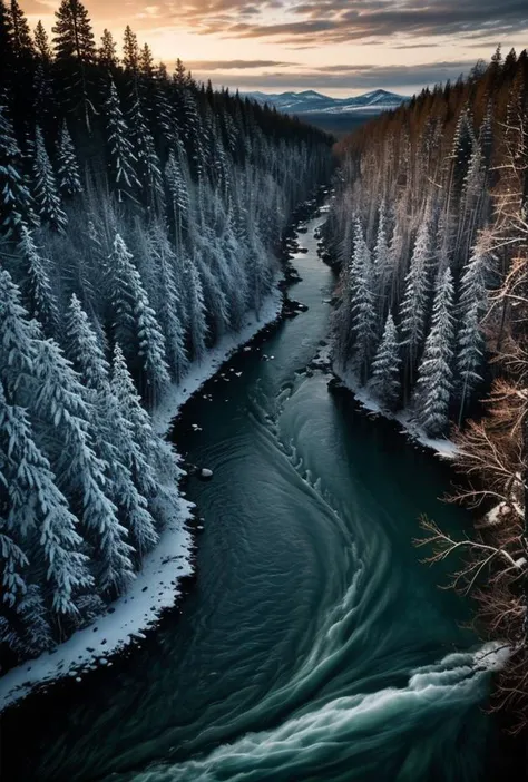 (extremely breathtaking stunning majestic elegant winter Canadian landscape, hyper detailed breathtaking view of rushing river across the tremendously majestic winter forest shimmering after rain colors at sunrise, high contrast natural lighting, impressi...