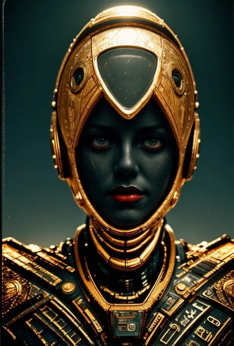 a close up of a person wearing a gold helmet and black makeup