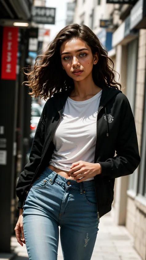 a woman in a white shirt and jeans walking down a street