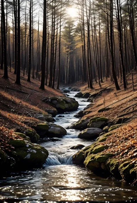 a close up of a stream in a forest with rocks and trees