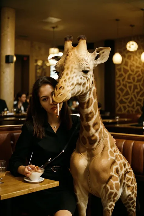 distinguished giraffe drinking in stylish restaurant, <lora:epiC35mm:1>epiC35mm