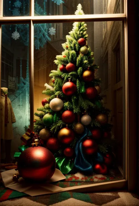 a close up of a christmas tree with ornaments in a window