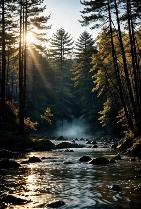 (((Massive megalithic solid gold cube in river)))(extremely breathtaking stunning majestic elegant winter Canadian purple mountain landscape, hyper detailed breathtaking view of rushing river across the tremendously majestic winter forest shimmering after...