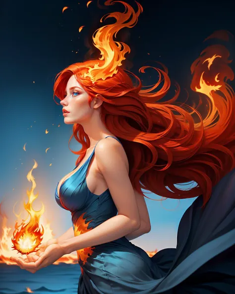 worst quality,  1girl, bare shoulders, blue dress, blue eyes, breasts, cleavage, dress, fiery hair, fire, flame, floating hair, long hair, medium breasts, profile, red hair, solo, wind <lora:epiCRealismHelper:1> <lora:epiC35mm:1> epiC35mm <lora:epi_noiseof...