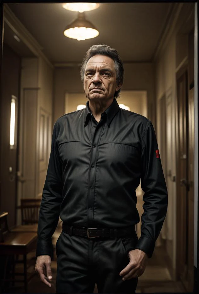 a man in a black shirt and black pants standing in a hallway