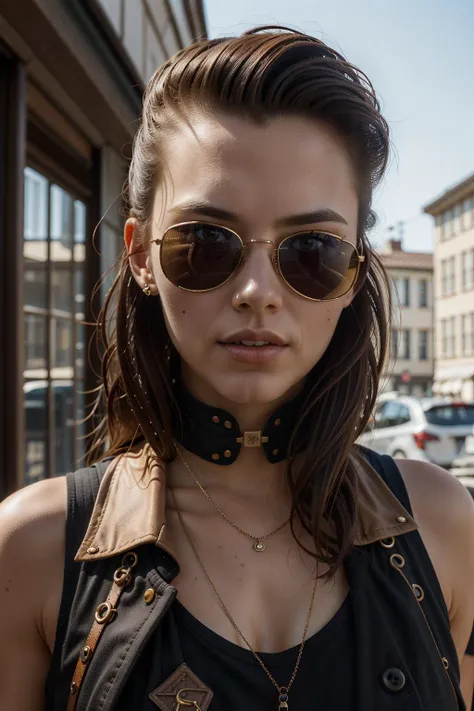 a close up of a woman wearing a black top and a leather vest