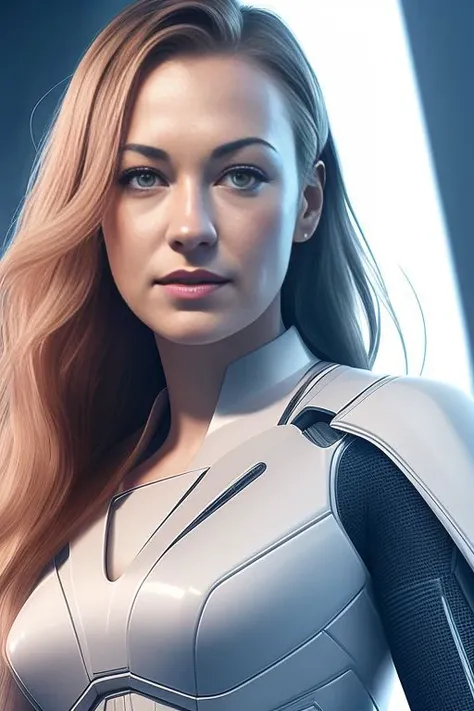 Portrait, photo of 21 year JernauYvonneStrahovski with long hair, looking at viewer, (white space suit, n7 combat armor:1), (detailed eyes:1.1), futuristic, tron, straight angled lines, spaceship interior, hangar, reflective, glass, happy, (smiling:0.5), (...