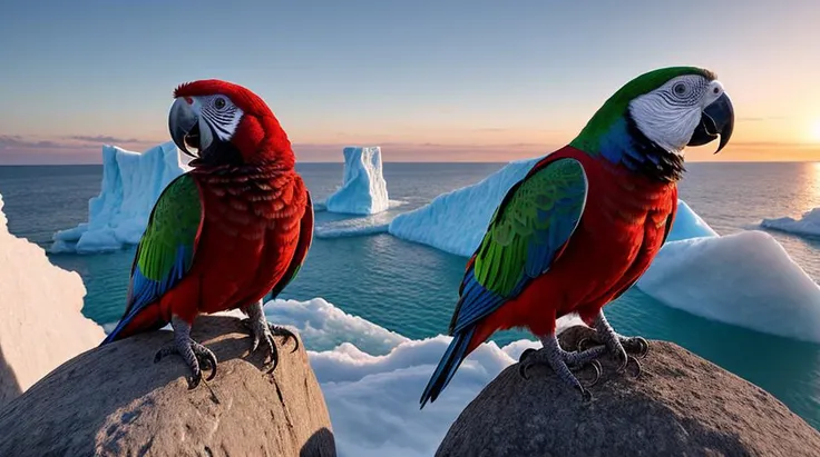 Food photography style, Hyperrealistic art a parrot sits on a iceberg in sunset background,  8k dslr photograph with film grain 8k, RAW photo, dslr, realistic, ultra high res:1.2, delicate, colorful, vibrant colors, amazing scene lighting, light_on_front_f...