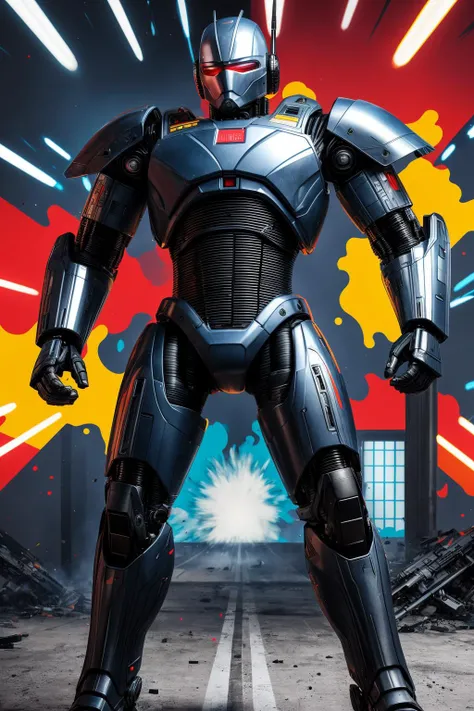 masterpiece best quality, highly detailed, robocop, military uniform, Combine exploding bursts of vivid colors, with abstract shapes, color splashes, and unpredictable color leaks, resulting in a chaotic and visually stimulating composition