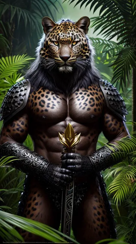 RAW image, Epic scene, ((portrait)), award-winning photo portrait of a werecreature leopard, wearing a black and silver armor, with gigant flower wand in the hands, rainforest background, hyperdetailed, (artstation:1.5), cinematic, warm lights,