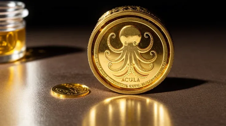 a (gold) coin with an octopus opening a jar, laboratory in background, highly detailed