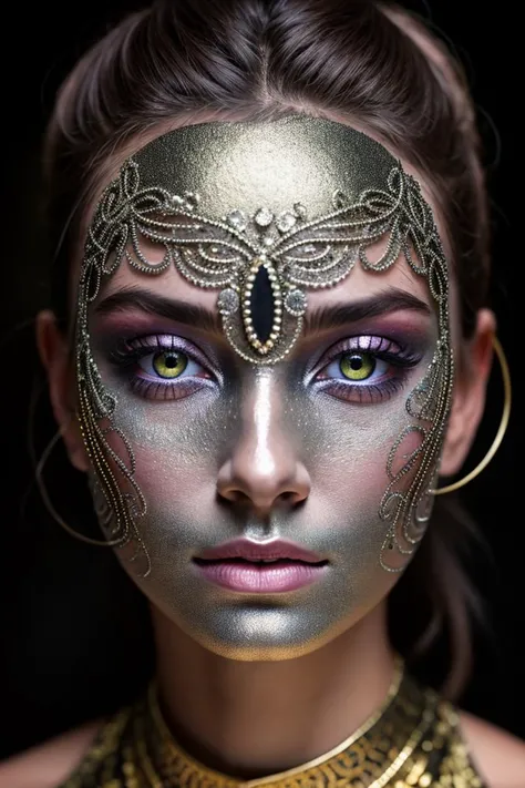 Hyperrealistic art (8k, RAW photo, highest quality), hyperrealistic abstract style portrait of an otherworldly being with metallic skin, glowing orbs for eyes, and intricate fractal patterns emanating from their face, non-representational, colors and shape...