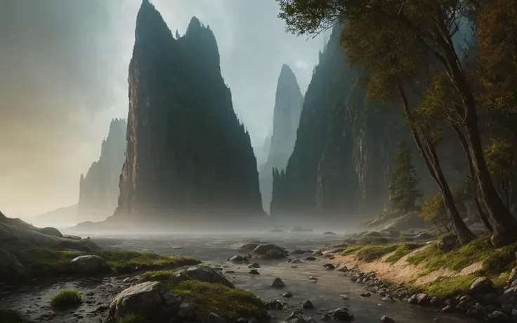 masterpiece, best quality, real, photoshoot, realistic, dull colors, strange geometry, confusing, multidimensional, light diffraction, caustics, (rutkowski), atmospheric scene inspired by a Peter Jackson fantasy movie, breathtaking landscape, towering moun...