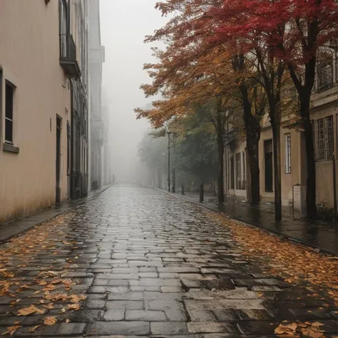 an old book on a cobblestone street,autumn,rain,haze lighting,