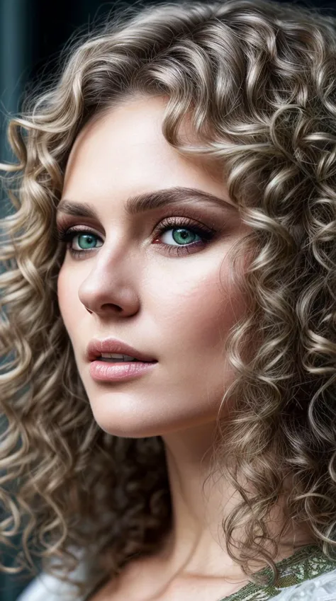 Closeup photo portrait of (russian) woman, perfect (green and brown eyes), eye reflection, winged eyeliner, (looking at the viewer:1.3), best shadow, intricate details, interior, (curly ash blond hair:1.3), muted colors, epic character composition, frontal...