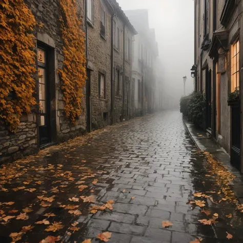 an old book on a cobblestone street,autumn,rain,haze lighting,