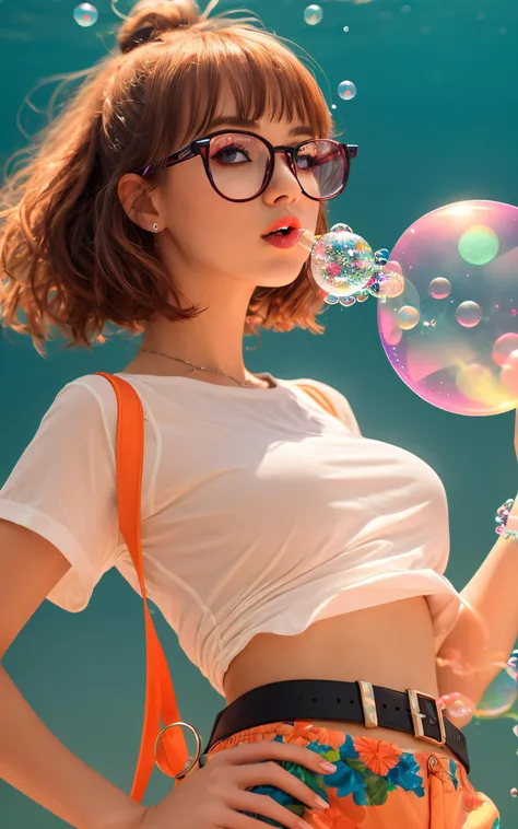 1girl, air_bubble, bag, ball, belt, bracelet, breasts, bubble, bubble_blowing, chewing_gum, glasses, green_background, holding_ball, jewelry, lips, midriff, navel, nose, open_mouth, orb, ovum, round_eyewear, shirt, short_hair, short_sleeves, soap_bubbles, ...