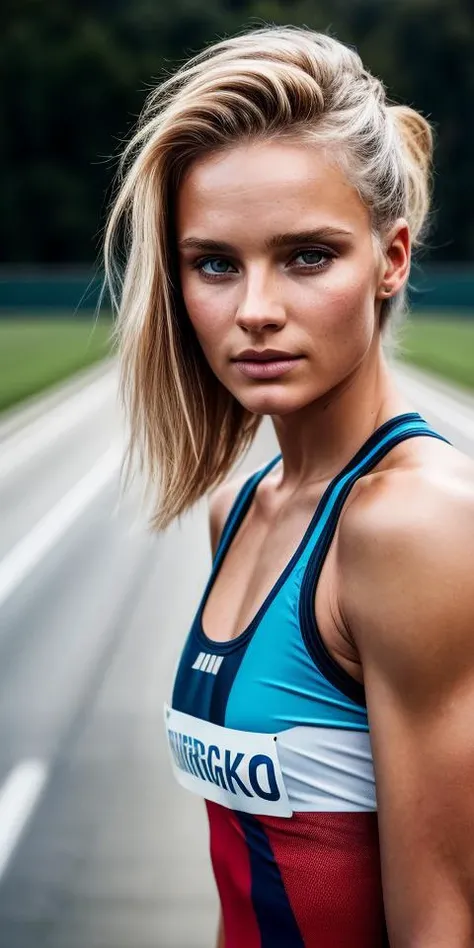 beautiful 18yo Swedish college girl with __colorhair__ hair, in track outfit, outside on track field, ((slim, petite)), photorealistic, photo, masterpiece, realistic, realism, photorealism, high contrast, photorealistic digital art trending on Artstation 8...