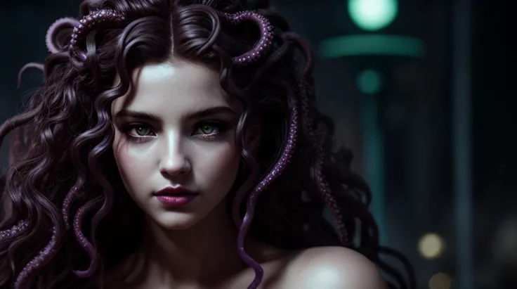 cinematic film still cyberpunk medusa, octopus goddess, portrait of teenage medusa, young woman as medusa, torquoise fantasy fanged medusa, portrait of mermaid queen, portrait of medusa, beautiful female gorgon, female medusa long hair, dark portrait of me...