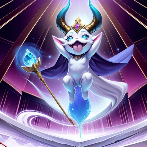 HEZI, LOL, (lol style), game cg, tongue, holding, tongue out, solo, floating, no humans, gem, open mouth, horns, outdoors, colored skin, jewelry, official alternate costume, staff, yordle, smile, bangs, from below, holding staff, white cape, arms up, blue ...