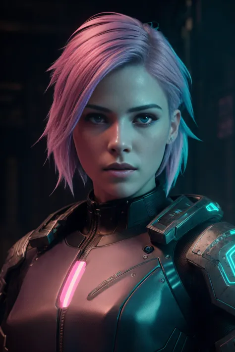 <lora:epiNoiseoffset_v2:1>, (cyberpunk :0.4), 1girl, Sideswept Medium Cut hairstyle, pink and blue neon hair color, highly detailed clothing, (night:1.2), hyper realistic, detailed, unreal engine 5, artstation artwork, environment level art, highly detaile...